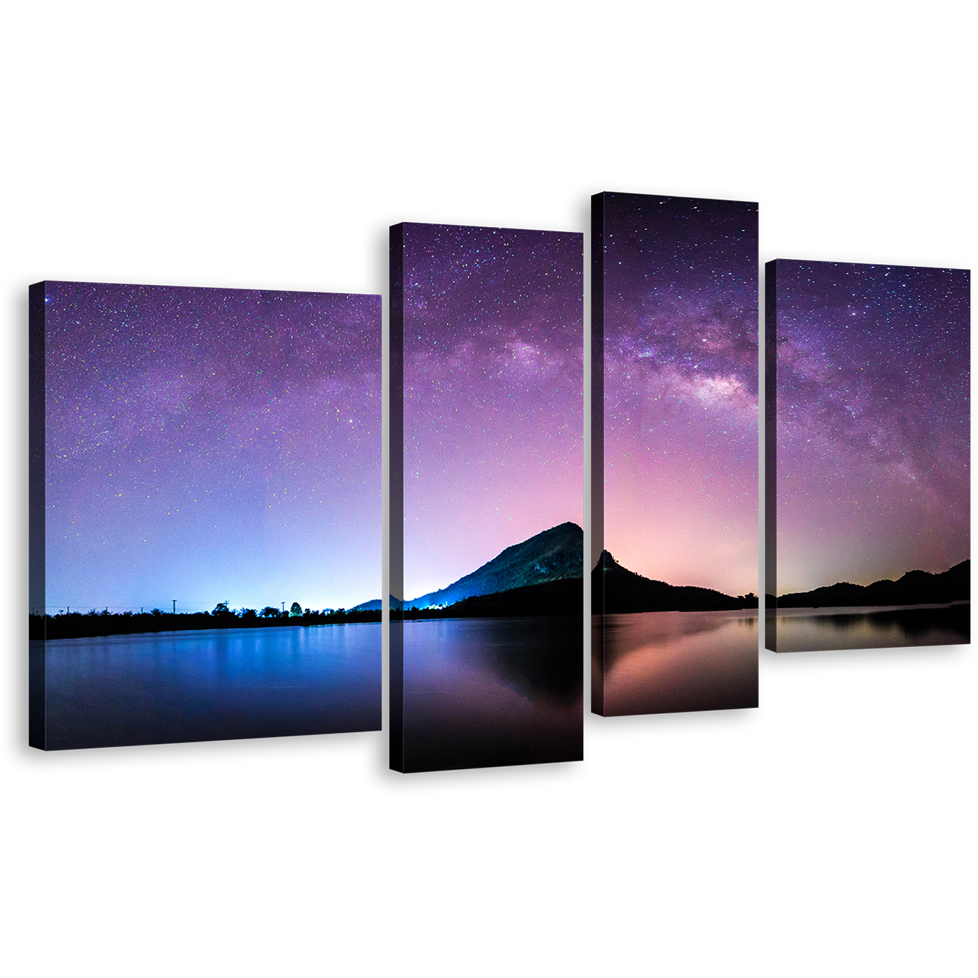 Mountain Sea Canvas Wall Art, Landscape Mountain Milkyway 4 Piece Canvas Print, Thailand Blue Purple Night Galaxy Multiple Canvas