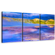 Load image into Gallery viewer, Mountain Seascape Canvas Print, Purple Grand Prismatic Spring 3 Piece Canvas Wall Art, Dramatic Cloudy Blue Sky Canvas Set, Yellowstone National Park Multi Canvas
