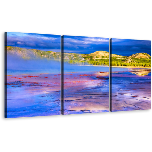 Mountain Seascape Canvas Print, Purple Grand Prismatic Spring 3 Piece Canvas Wall Art, Dramatic Cloudy Blue Sky Canvas Set, Yellowstone National Park Multi Canvas