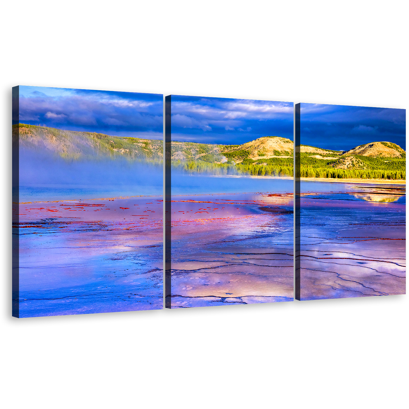 Mountain Seascape Canvas Print, Purple Grand Prismatic Spring 3 Piece Canvas Wall Art, Dramatic Cloudy Blue Sky Canvas Set, Yellowstone National Park Multi Canvas