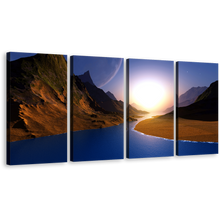 Load image into Gallery viewer, Mountain Seascape Canvas Wall Art, Blue Sky Sunrise Canvas Print, Brown Ocean Mountains 4 Piece Canvas
