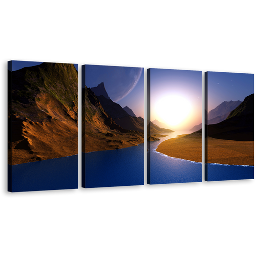 Mountain Seascape Canvas Wall Art, Blue Sky Sunrise Canvas Print, Brown Ocean Mountains 4 Piece Canvas