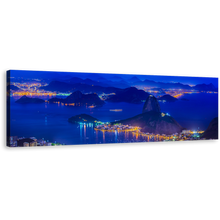 Load image into Gallery viewer, Mountain Sugarloaf Canvas Wall Art, Skyline of Rio de Janeiro Panoramic Canvas, Brazil Blue Night Landscape Wide Canvas, Yellow City Lights Canvas Print
