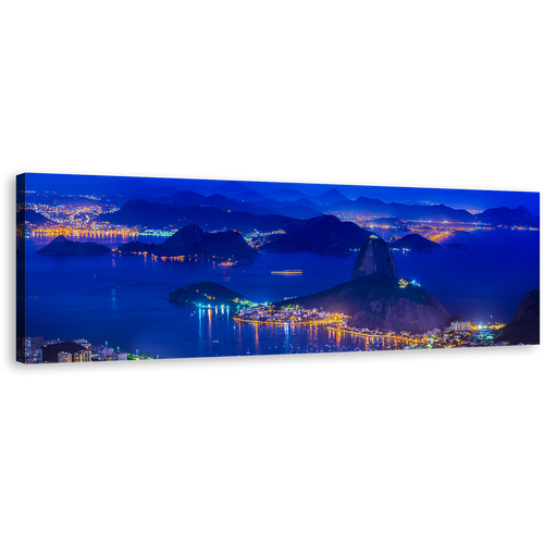 Mountain Sugarloaf Canvas Wall Art, Skyline of Rio de Janeiro Panoramic Canvas, Brazil Blue Night Landscape Wide Canvas, Yellow City Lights Canvas Print