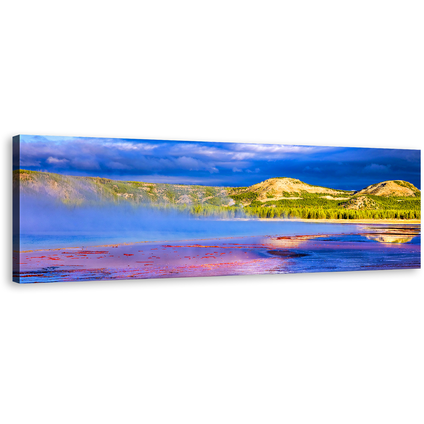 Mountain Water Canvas Wall Art, Green Trees Yellowstone National Park 1 Piece Canvas Artwork, Purple Blue Grand Prismatic Spring Canvas Print