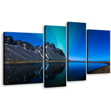 Load image into Gallery viewer, Mountain Water Canvas Wall Art, Grey Coast Mountain Lake Reflection Multi Canvas, Blue Northern lights 4 Piece Canvas Print
