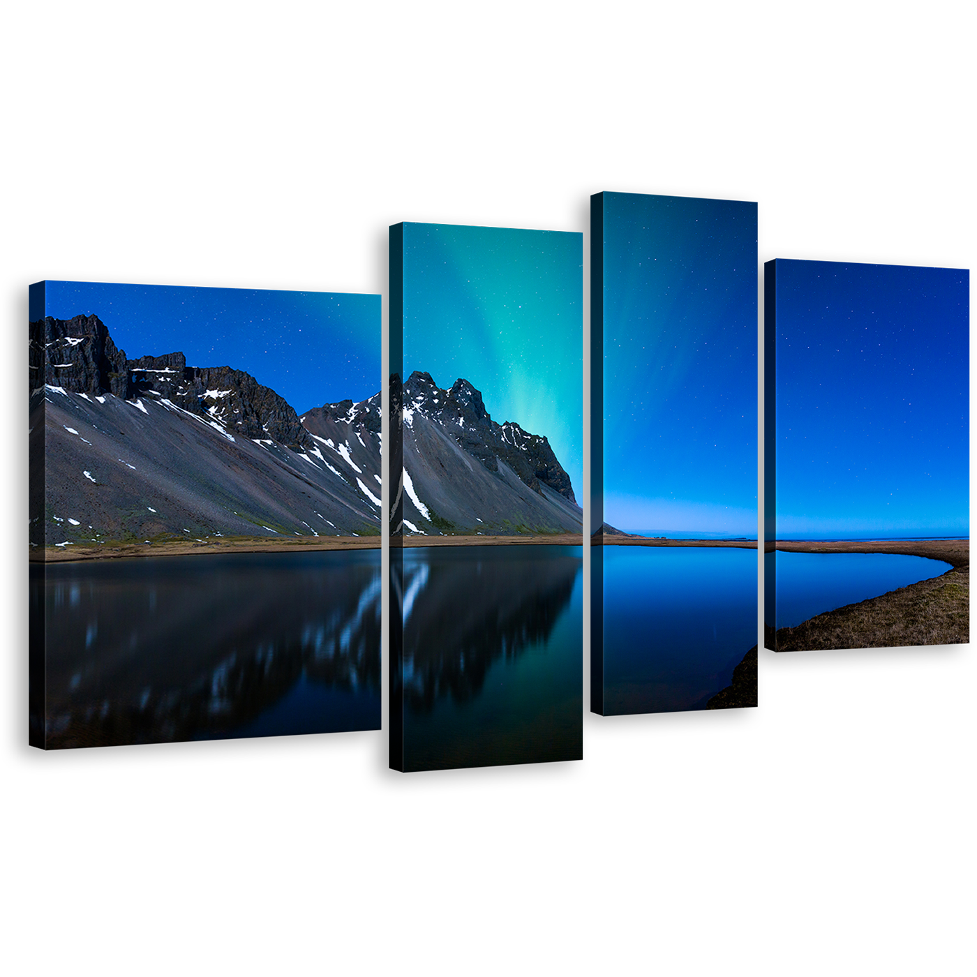 Mountain Water Canvas Wall Art, Grey Coast Mountain Lake Reflection Multi Canvas, Blue Northern lights 4 Piece Canvas Print