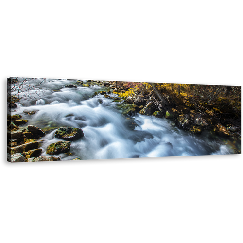 Mountain Waterfall Canvas Wall Art, Beautiful White Sichuan China Falls Panoramic Canvas Artwork, Yellow Pine Forest Autumn Waterfall Wide Canvas Print