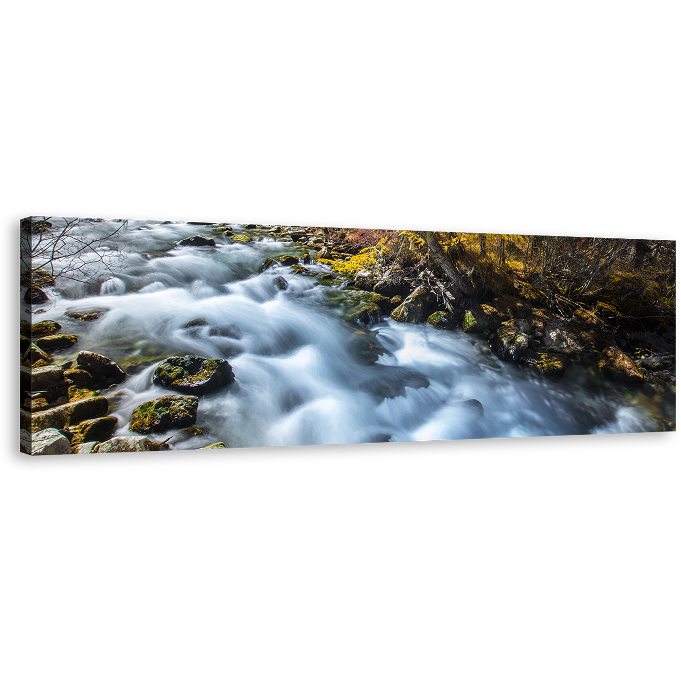 Mountain Waterfall Canvas Wall Art, Beautiful White Sichuan China Falls Panoramic Canvas Artwork, Yellow Pine Forest Autumn Waterfall Wide Canvas Print