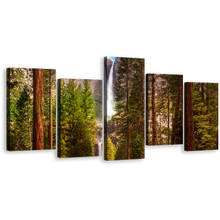 Load image into Gallery viewer, Mountain Waterfall Canvas Wall Art, California Green Scenery Waterfalls 5 Piece Canvas Print, Brown Mountain Yosemite Waterfalls Multiple Canvas
