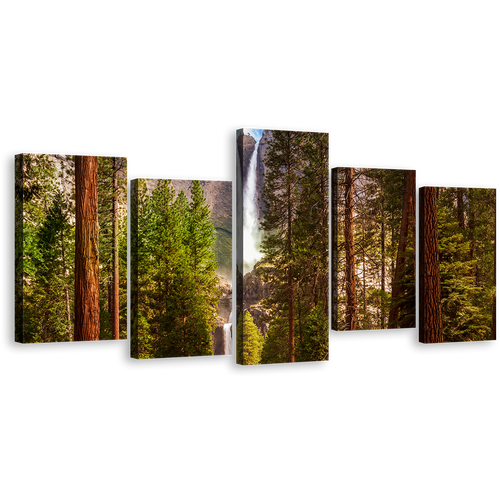 Mountain Waterfall Canvas Wall Art, California Green Scenery Waterfalls 5 Piece Canvas Print, Brown Mountain Yosemite Waterfalls Multiple Canvas