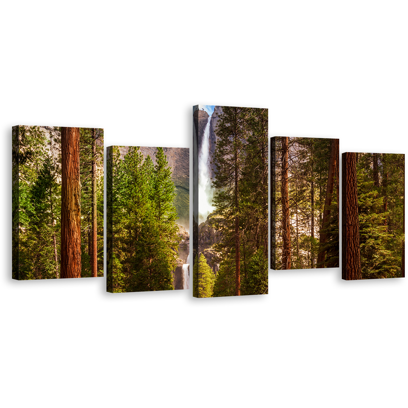 Mountain Waterfall Canvas Wall Art, California Green Scenery Waterfalls 5 Piece Canvas Print, Brown Mountain Yosemite Waterfalls Multiple Canvas