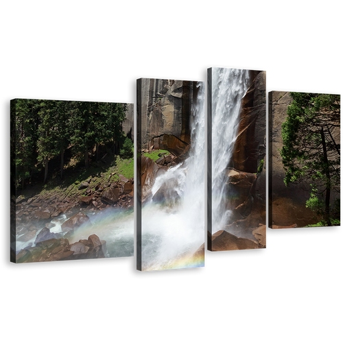 Mountain Waterfall Canvas Wall Art, National Park in California Canvas Set, Grey Sierra Nevada Mountains 4 Piece Canvas, White Vernal Falls Canvas Print