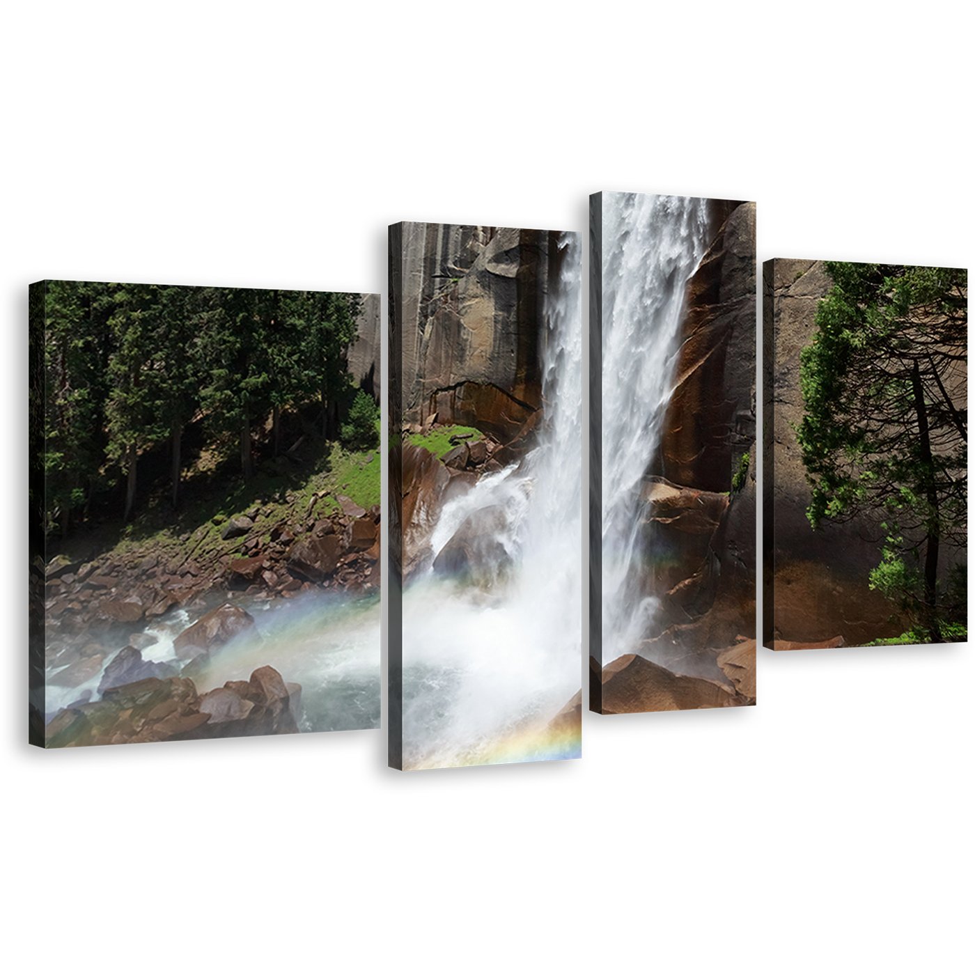 Mountain Waterfall Canvas Wall Art, National Park in California Canvas Set, Grey Sierra Nevada Mountains 4 Piece Canvas, White Vernal Falls Canvas Print