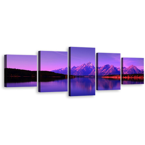 Mountains Lake Canvas Wall Art, Teton National Park 5 Piece Canvas Print, Blue Purple Jackson Ocean Mountains Multi Panel Canvas