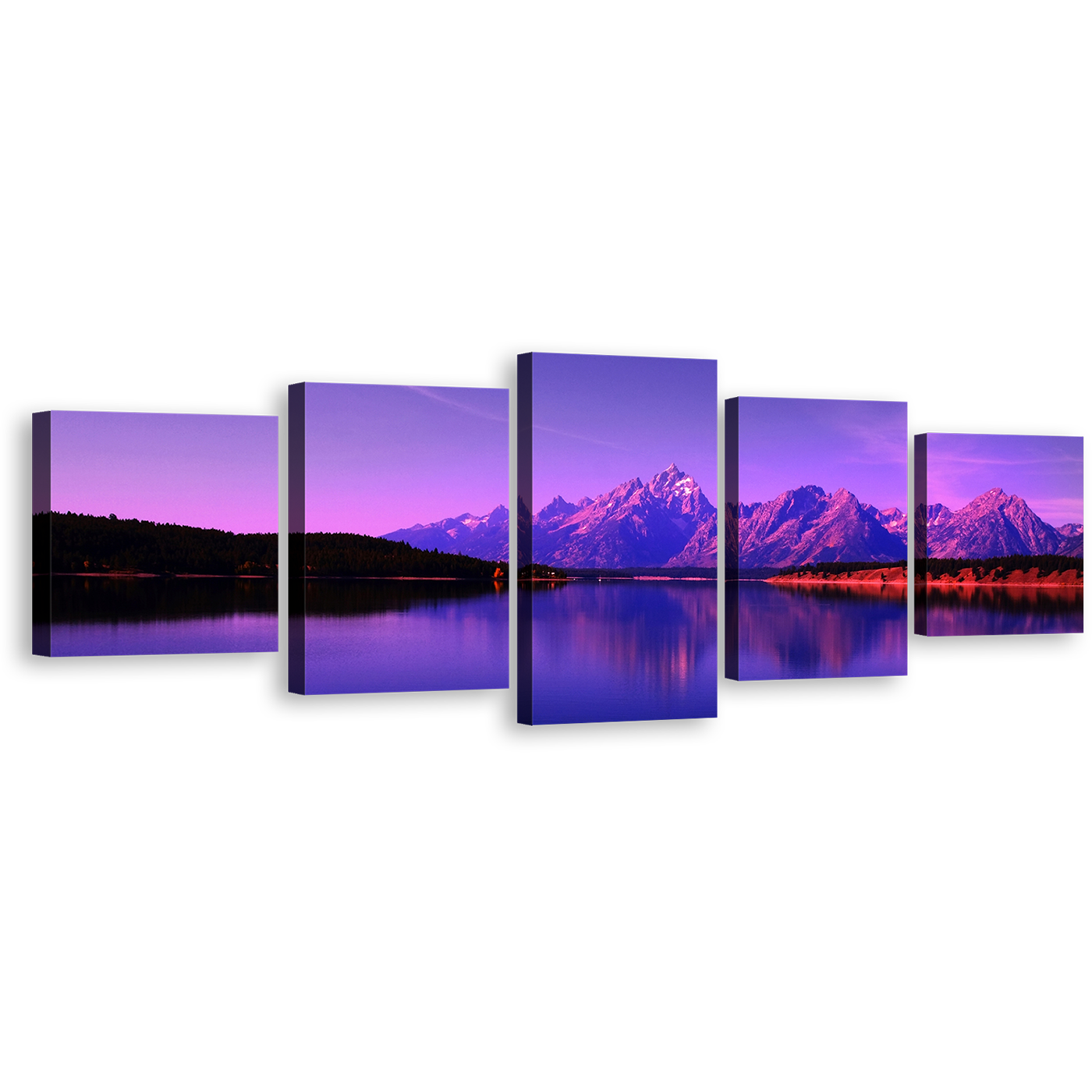 Mountains Lake Canvas Wall Art, Teton National Park 5 Piece Canvas Print, Blue Purple Jackson Ocean Mountains Multi Panel Canvas