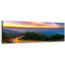 Load image into Gallery viewer, Mountains Landscape Canvas Wall Art, Yellow Sunset Car Light Trails 1 Piece Canvas Artwork, Blue Mountains Milky Way Canvas Print
