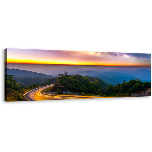 Mountains Landscape Canvas Wall Art, Yellow Sunset Car Light Trails 1 Piece Canvas Artwork, Blue Mountains Milky Way Canvas Print