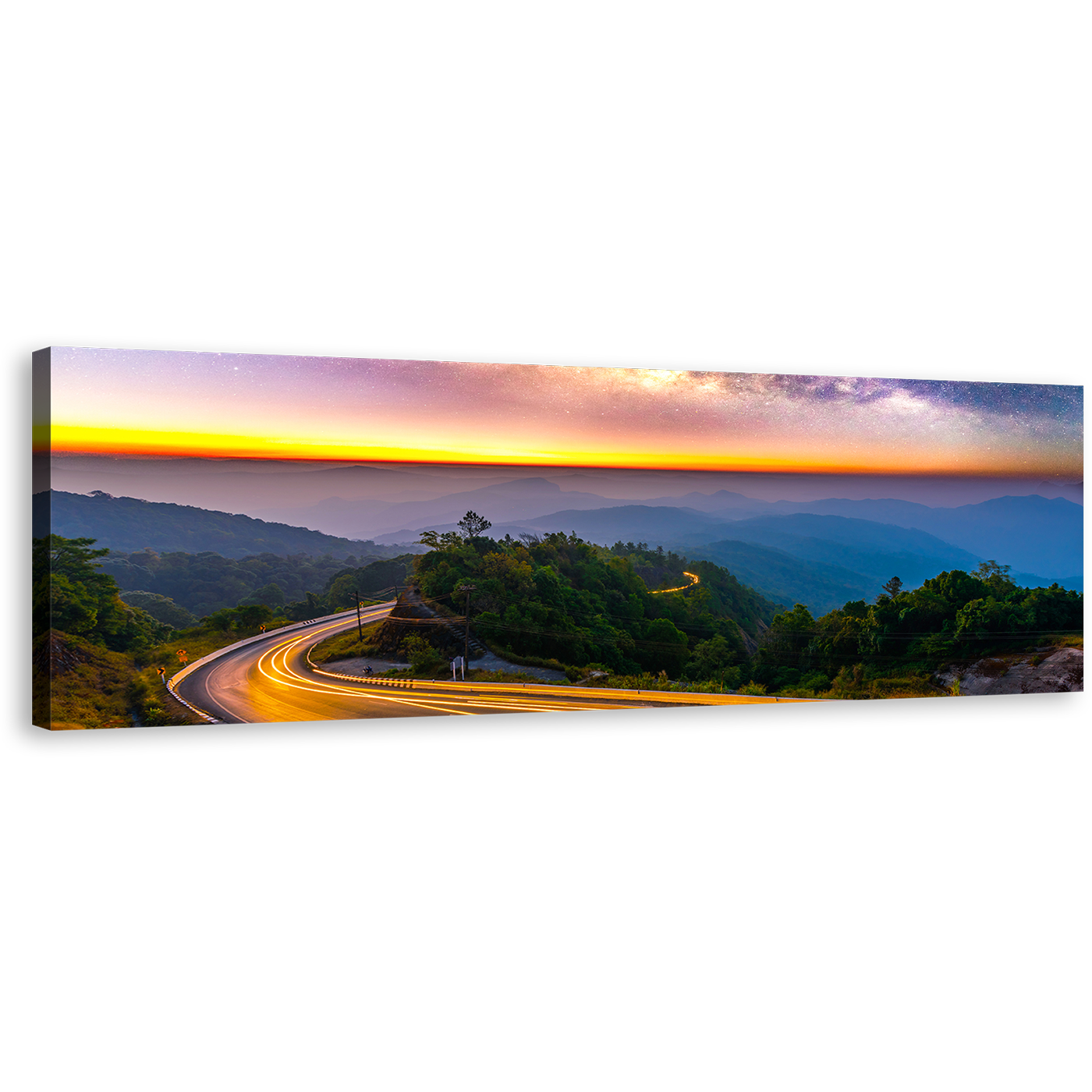 Mountains Landscape Canvas Wall Art, Yellow Sunset Car Light Trails 1 Piece Canvas Artwork, Blue Mountains Milky Way Canvas Print