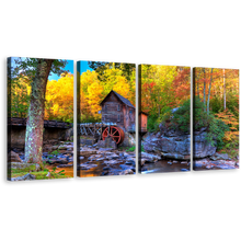 Load image into Gallery viewer, Mountains River Wall Art, Blue Water Stream Mountain 4 Piece Multi Canvas, Yellow Autumn Trees Grist Mill Canvas Print
