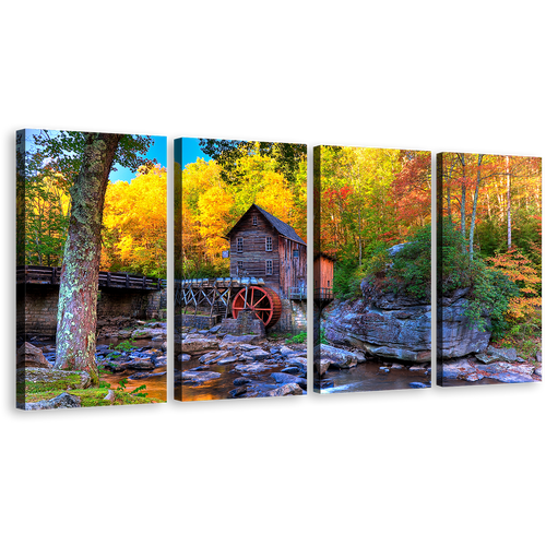 Mountains River Wall Art, Blue Water Stream Mountain 4 Piece Multi Canvas, Yellow Autumn Trees Grist Mill Canvas Print