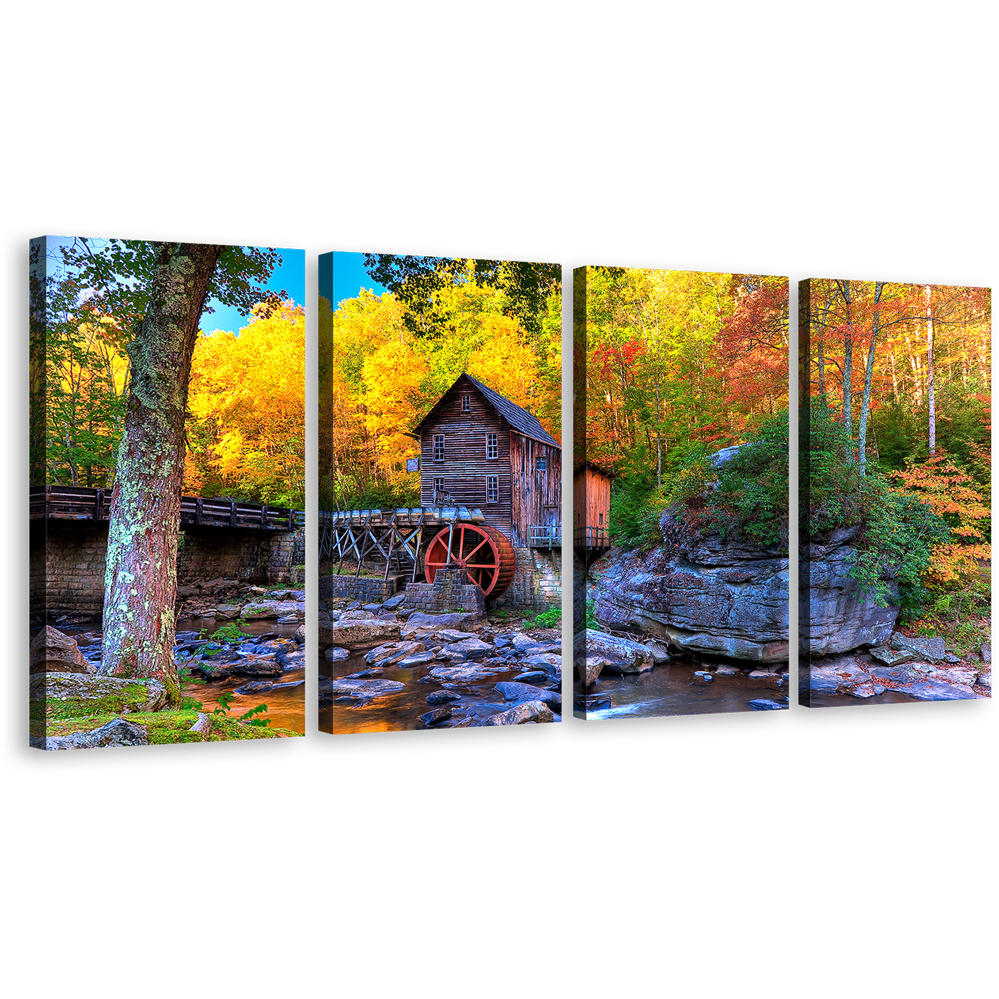 Mountains River Wall Art, Blue Water Stream Mountain 4 Piece Multi Canvas, Yellow Autumn Trees Grist Mill Canvas Print