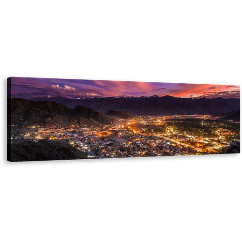 Mountains Town Canvas Wall Art, Yellow Leh Ladakh City Panoramic Canvas Print, India Blue Cloudy Sky Mountain Canvas Artwork