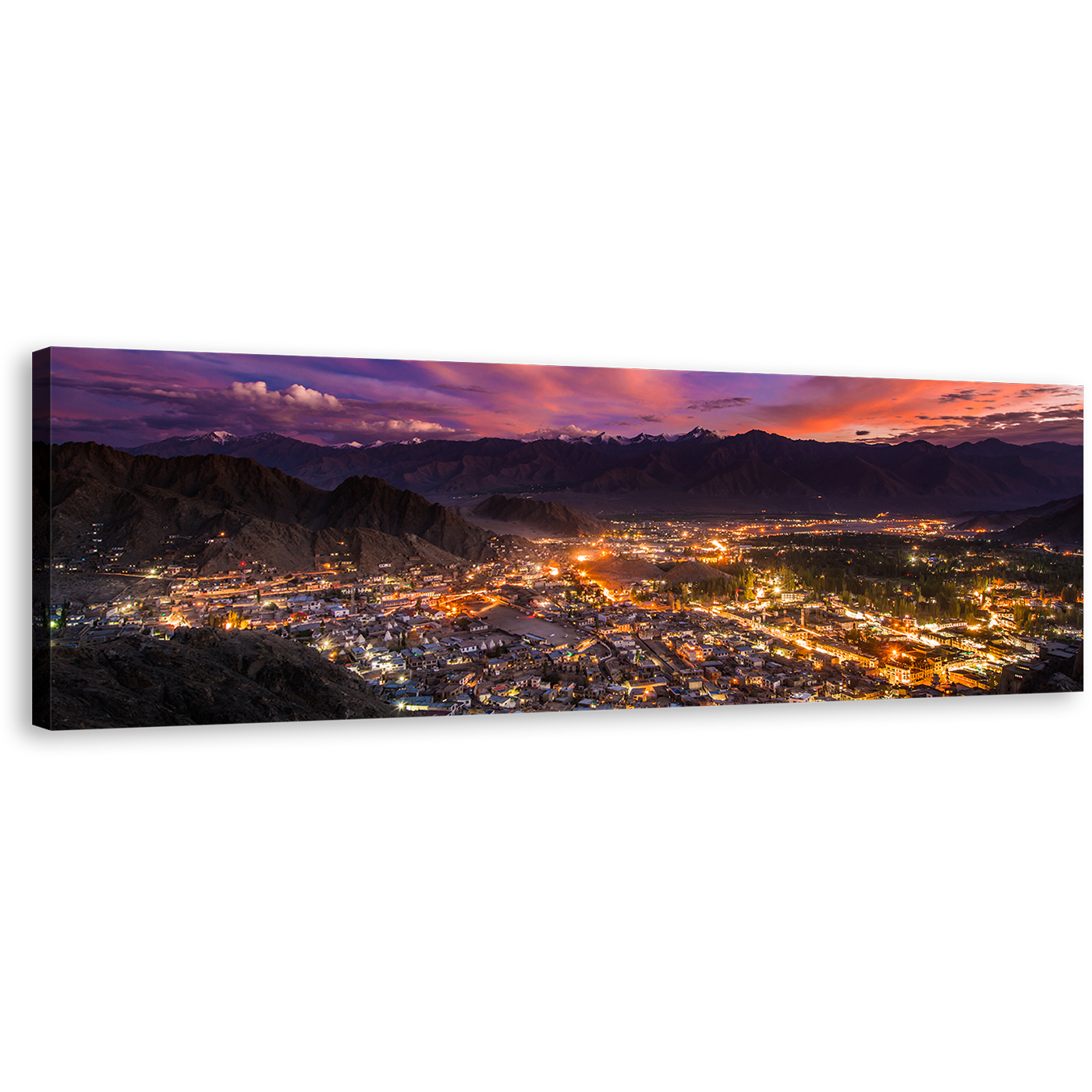 Mountains Town Canvas Wall Art, Yellow Leh Ladakh City Panoramic Canvas Print, India Blue Cloudy Sky Mountain Canvas Artwork