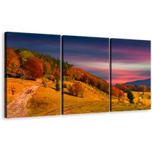 Load image into Gallery viewer, Mountains Trees Canvas Wall Art, Blue Sky Clouds Landscape Triptych Canvas, Orange Trees Autumn Scenery 3 Piece Canvas Print
