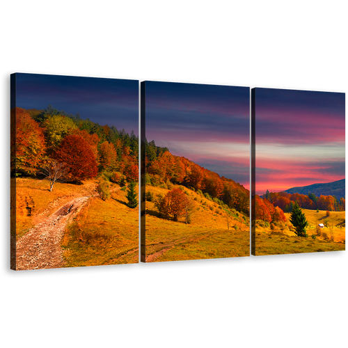 Mountains Trees Canvas Wall Art, Blue Sky Clouds Landscape Triptych Canvas, Orange Trees Autumn Scenery 3 Piece Canvas Print