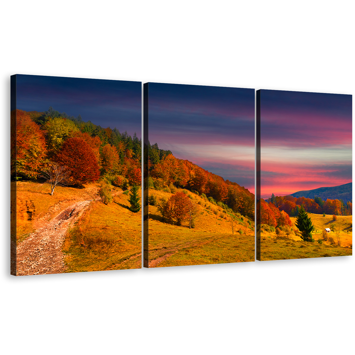 Mountains Trees Canvas Wall Art, Blue Sky Clouds Landscape Triptych Canvas, Orange Trees Autumn Scenery 3 Piece Canvas Print