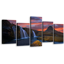 Load image into Gallery viewer, Mountains Waterfall Canvas Wall Art, Kirkjufellsfoss Waterfall Green Rocks Multi Canvas Artwork, Dramatic Cloudy Orange Sunrise 5 Piece Canvas Print
