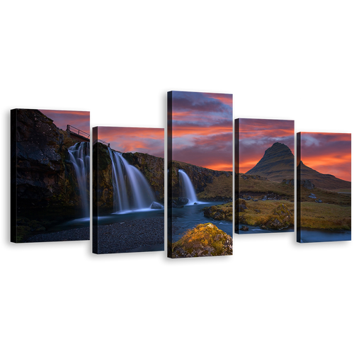 Mountains Waterfall Canvas Wall Art, Kirkjufellsfoss Waterfall Green Rocks Multi Canvas Artwork, Dramatic Cloudy Orange Sunrise 5 Piece Canvas Print