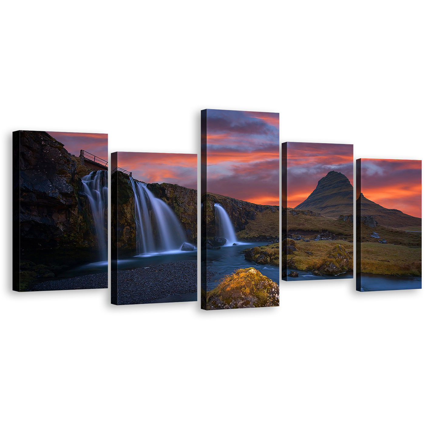 Mountains Waterfall Canvas Wall Art, Kirkjufellsfoss Waterfall Green Rocks Multi Canvas Artwork, Dramatic Cloudy Orange Sunrise 5 Piece Canvas Print