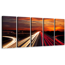 Load image into Gallery viewer, Moving Cars Canvas Print, Red Highway Lights Night Multi Canvas, Orange Sunset Sky City 5 Piece Wall Art
