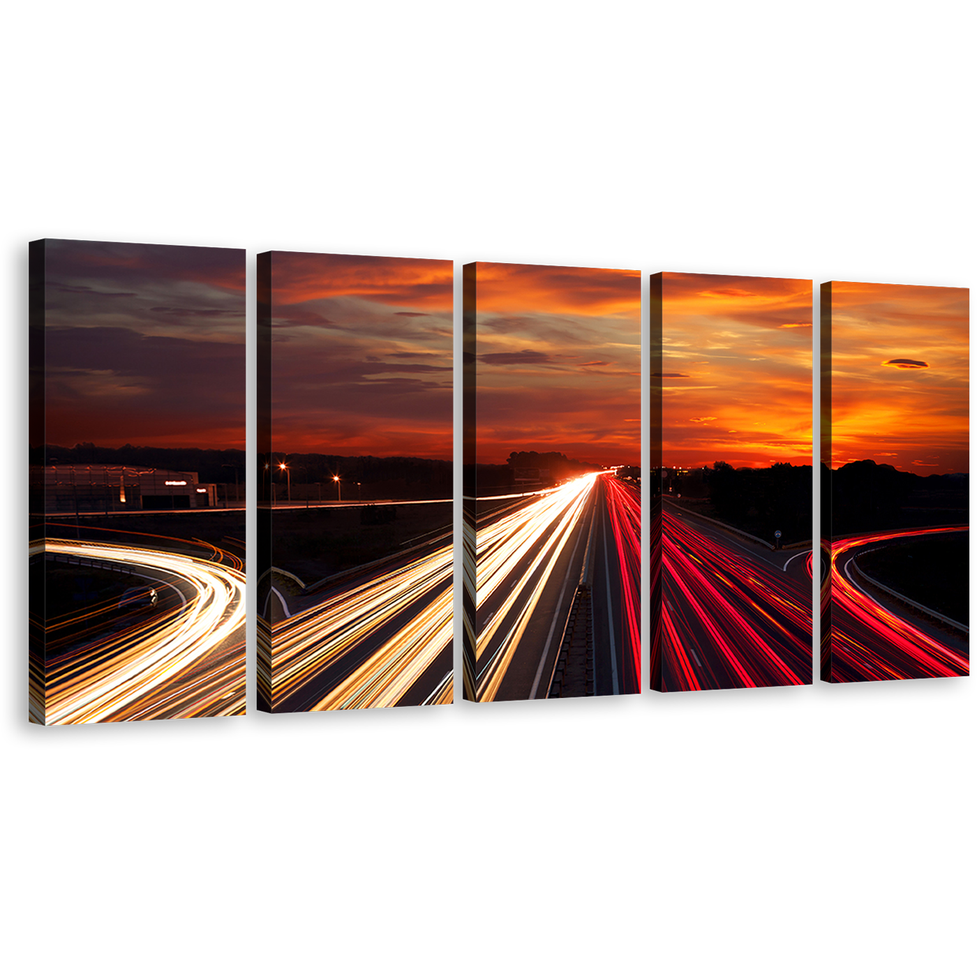 Moving Cars Canvas Print, Red Highway Lights Night Multi Canvas, Orange Sunset Sky City 5 Piece Wall Art