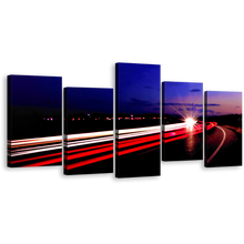 Load image into Gallery viewer, Moving Cars Wall Art, Highway Lights Night Blue Sky Canvas Set, Red Light Trails 5 Piece Canvas Multi-panel Print
