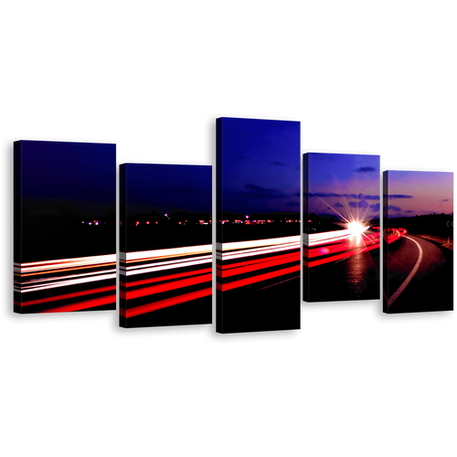 Moving Cars Wall Art, Highway Lights Night Blue Sky Canvas Set, Red Light Trails 5 Piece Canvas Multi-panel Print