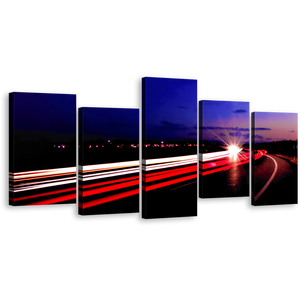 Moving Cars Wall Art, Highway Lights Night Blue Sky Canvas Set, Red Light Trails 5 Piece Canvas Multi-panel Print