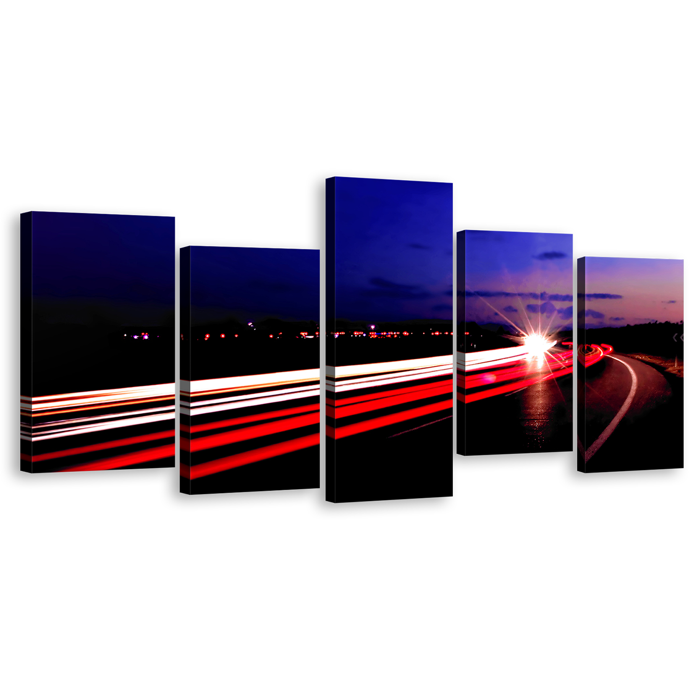 Moving Cars Wall Art, Highway Lights Night Blue Sky Canvas Set, Red Light Trails 5 Piece Canvas Multi-panel Print