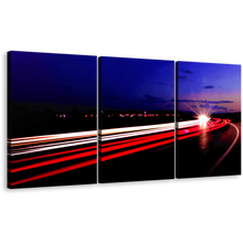 Load image into Gallery viewer, Moving Traffic Wall Art, Moving Cars Red Light Trails 3 Piece Canvas Print, Highway Lights Night Blue Sky Multiple Canvas
