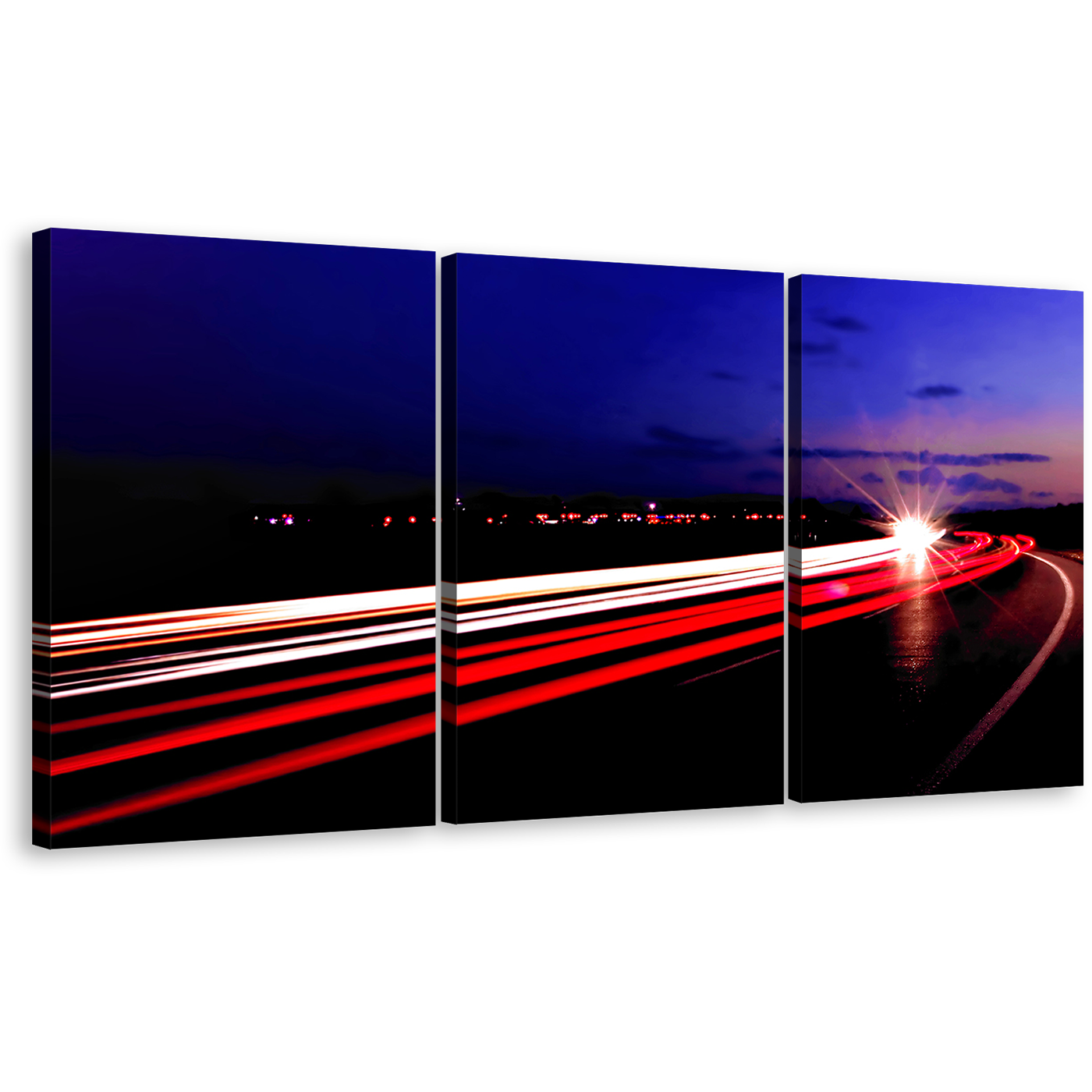 Moving Traffic Wall Art, Moving Cars Red Light Trails 3 Piece Canvas Print, Highway Lights Night Blue Sky Multiple Canvas