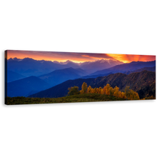 Load image into Gallery viewer, Mt Ushba Canvas Print, Dramatic Orange Sunbeams Sky Panoramic Canvas Wall Art, Mestia Georgia Blue Mountain Wide Canvas, Europe Caucasus Ridge Landscape Canvas Artwork
