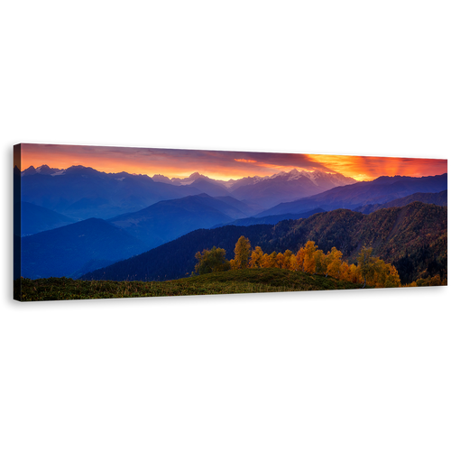 Mt Ushba Canvas Print, Dramatic Orange Sunbeams Sky Panoramic Canvas Wall Art, Mestia Georgia Blue Mountain Wide Canvas, Europe Caucasus Ridge Landscape Canvas Artwork