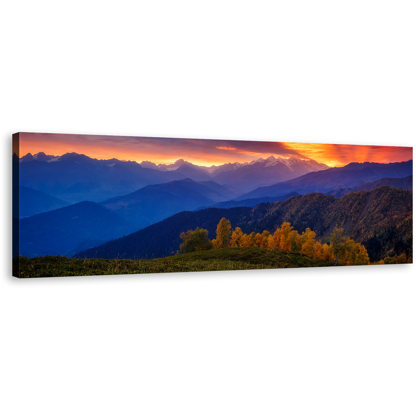 Mt Ushba Canvas Print, Dramatic Orange Sunbeams Sky Panoramic Canvas Wall Art, Mestia Georgia Blue Mountain Wide Canvas, Europe Caucasus Ridge Landscape Canvas Artwork