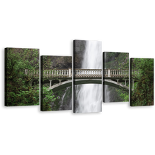 Load image into Gallery viewer, Multnomah Creek Canvas Print, Green Forest Waterfall Scenery 5 Piece Multi Canvas Artwork, White Waterfall in Oregon Canvas Wall Art
