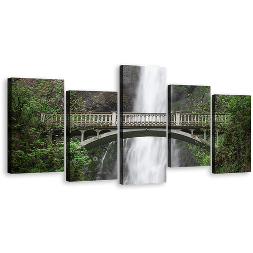 Multnomah Creek Canvas Print, Green Forest Waterfall Scenery 5 Piece Multi Canvas Artwork, White Waterfall in Oregon Canvas Wall Art