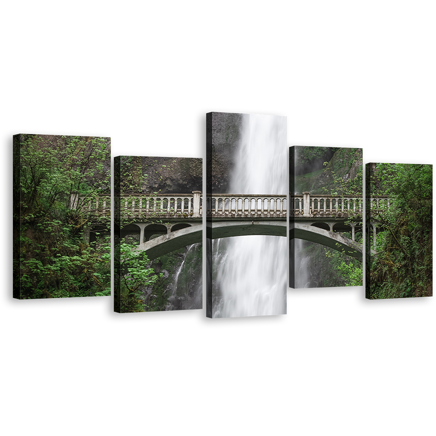 Multnomah Creek Canvas Print, Green Forest Waterfall Scenery 5 Piece Multi Canvas Artwork, White Waterfall in Oregon Canvas Wall Art