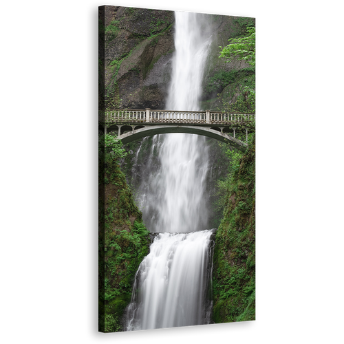 Multnomah Waterfall Canvas Wall Art, White Waterfall in Oregon Vertical Canvas Print, Green Trees Forest Scenery Waterfall Wide Canvas