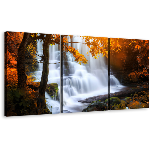 Mun Daeng Canvas Print, White Thailand Waterfall 3 Piece Multi Panel Canvas, Orange Yellow Forest Trees Triptych Canvas Set, Hin Rong Kla National Park Canvas Wall Art